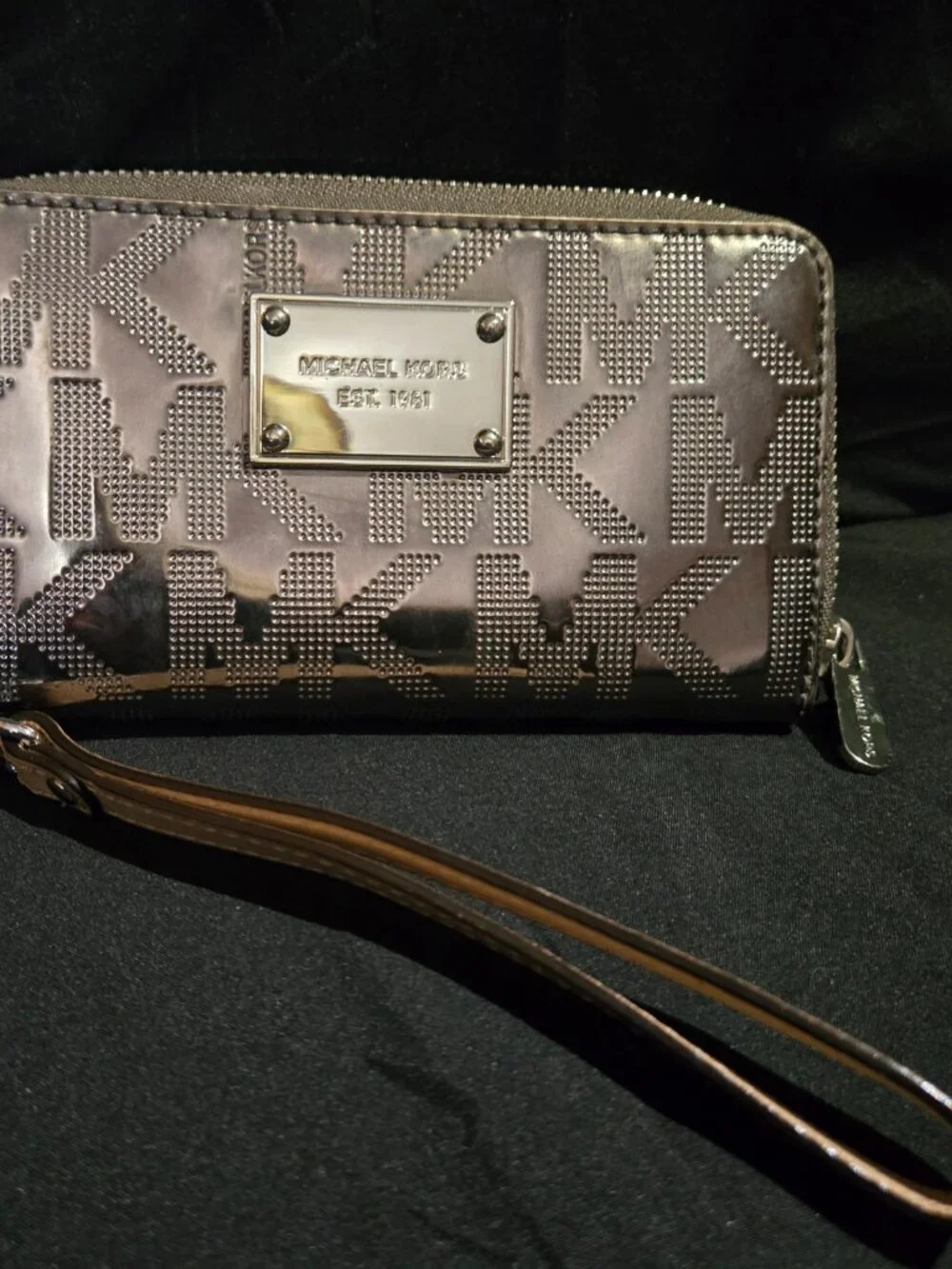 Michael Kors Metallic Gunmetal MK Logo Zip Around Wristlet Wallet